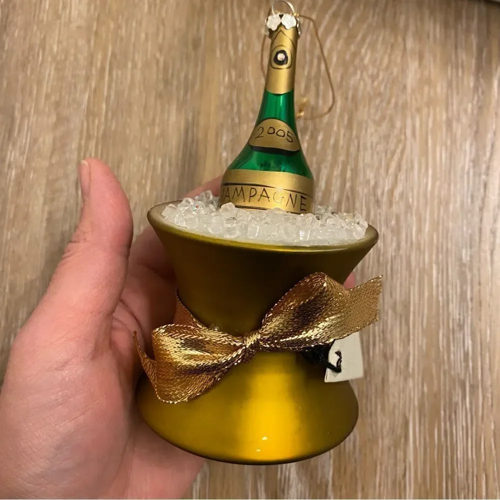 Christmas Vintage blown Glass holiday ornament champagne bucket bottle 2005 5”
